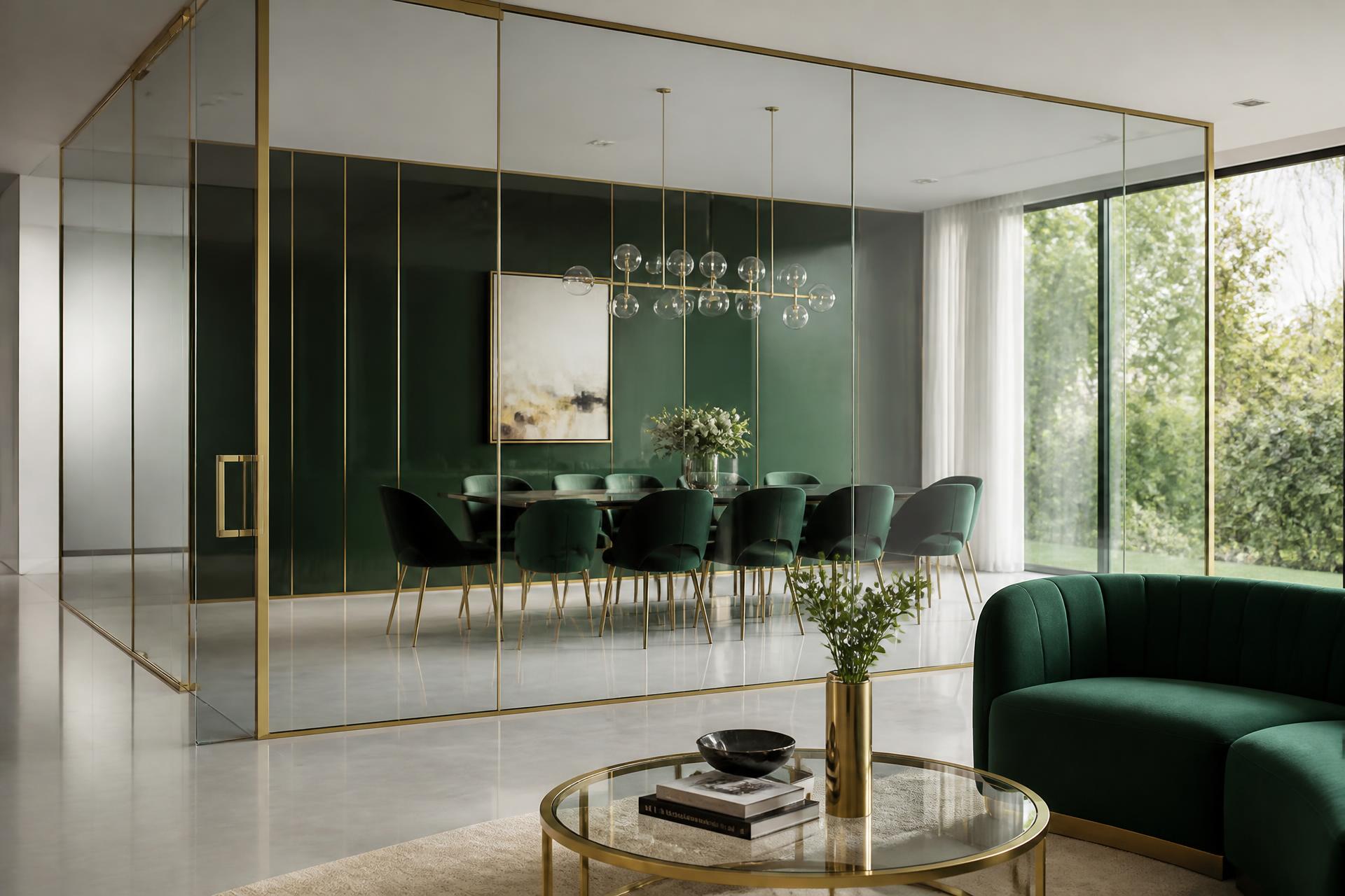 Luxury interior with frameless glass partition and champagne gold framing